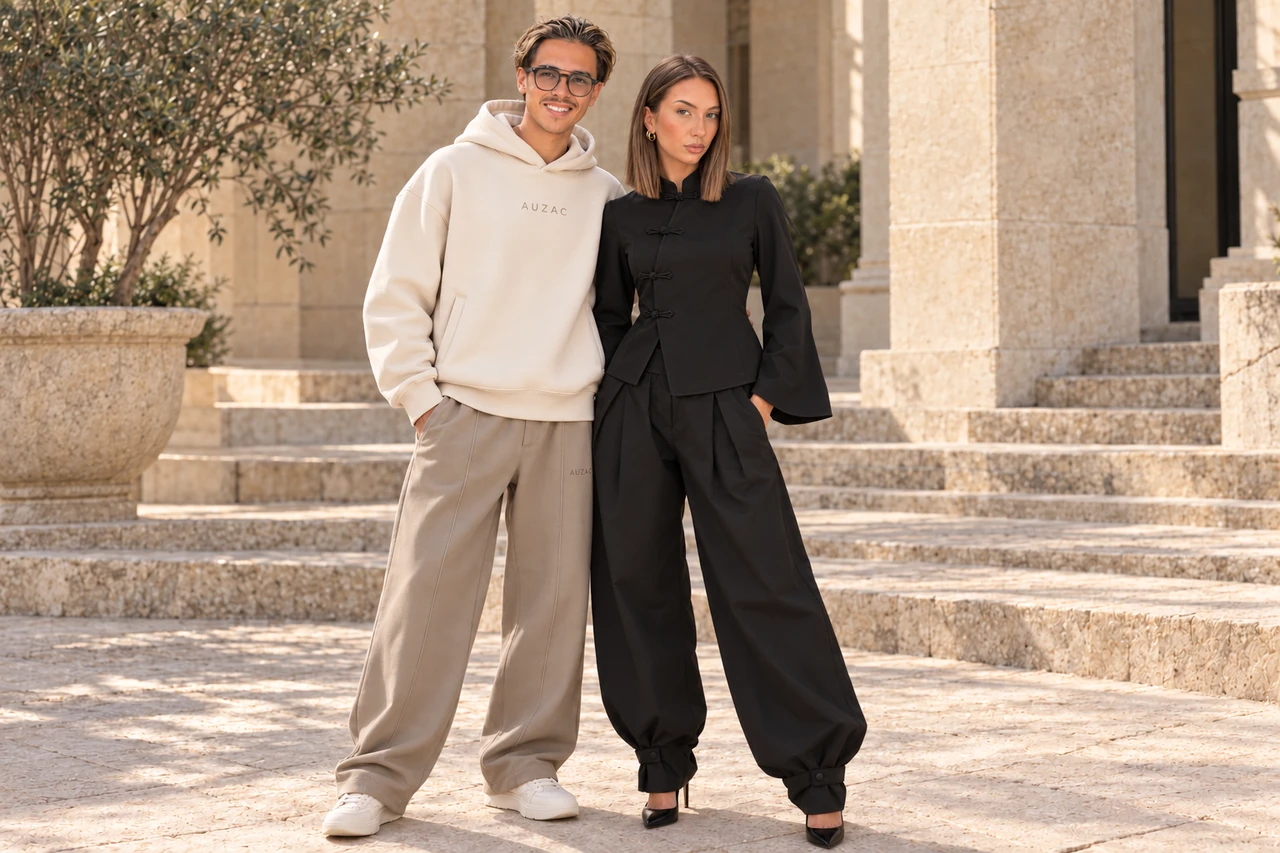 Visuel de création AUZAC : un homme en Hoodie Volume ivoire et une femme en Haut Noir à manches longues évasées, ensemble dans une cour de pierre claire.